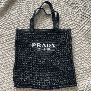 Prada black woven logo shopper tote bag